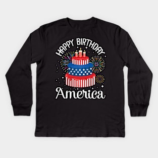 Big US Flag Birthday Cake And Fireworks Happy Birthday America Independence July 4th Day Kids Long Sleeve T-Shirt